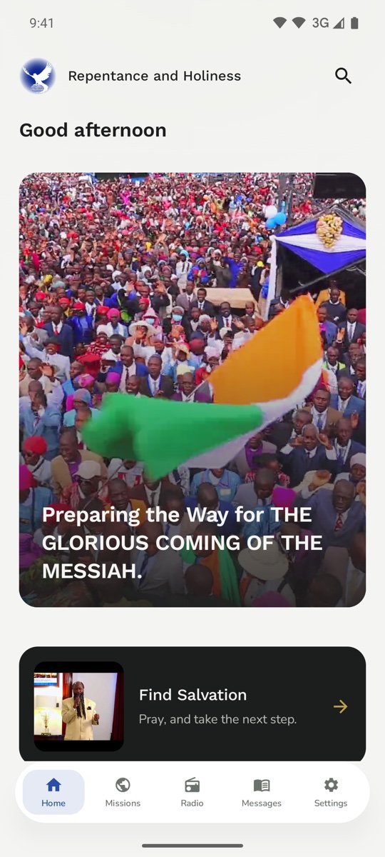 The Ministry app home screen on Android