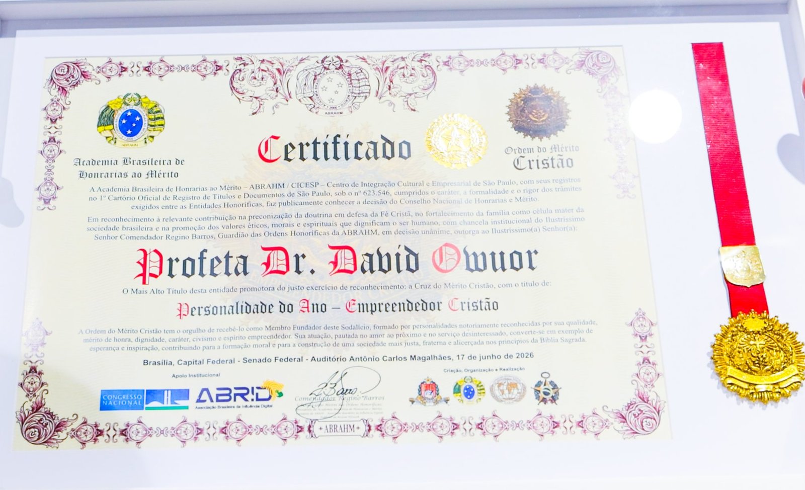Certificate naming Prophet Dr. David Owuor Personalidade do Ano, Empreendedor Cristão, issued by the Academia Brasileira de Honrarias ao Mérito and the Ordem do Mérito Cristão, Brasília, 17 June 2026