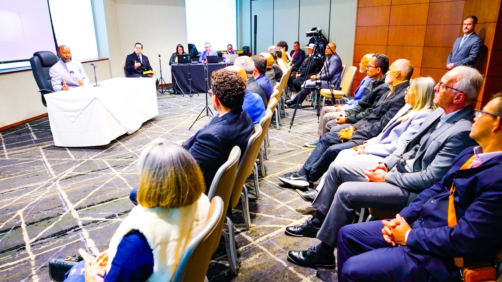 Ministers and guests seated before Prophet Dr. David Owuor in São Paulo during the Brazil Revival 2026 mission